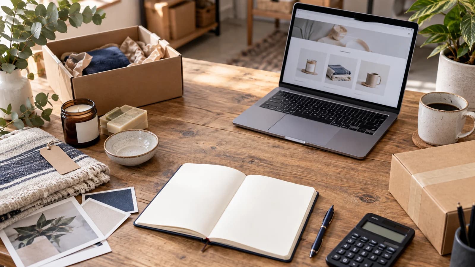 Planning notebook, laptop and product sample on an ecommerce worktable
