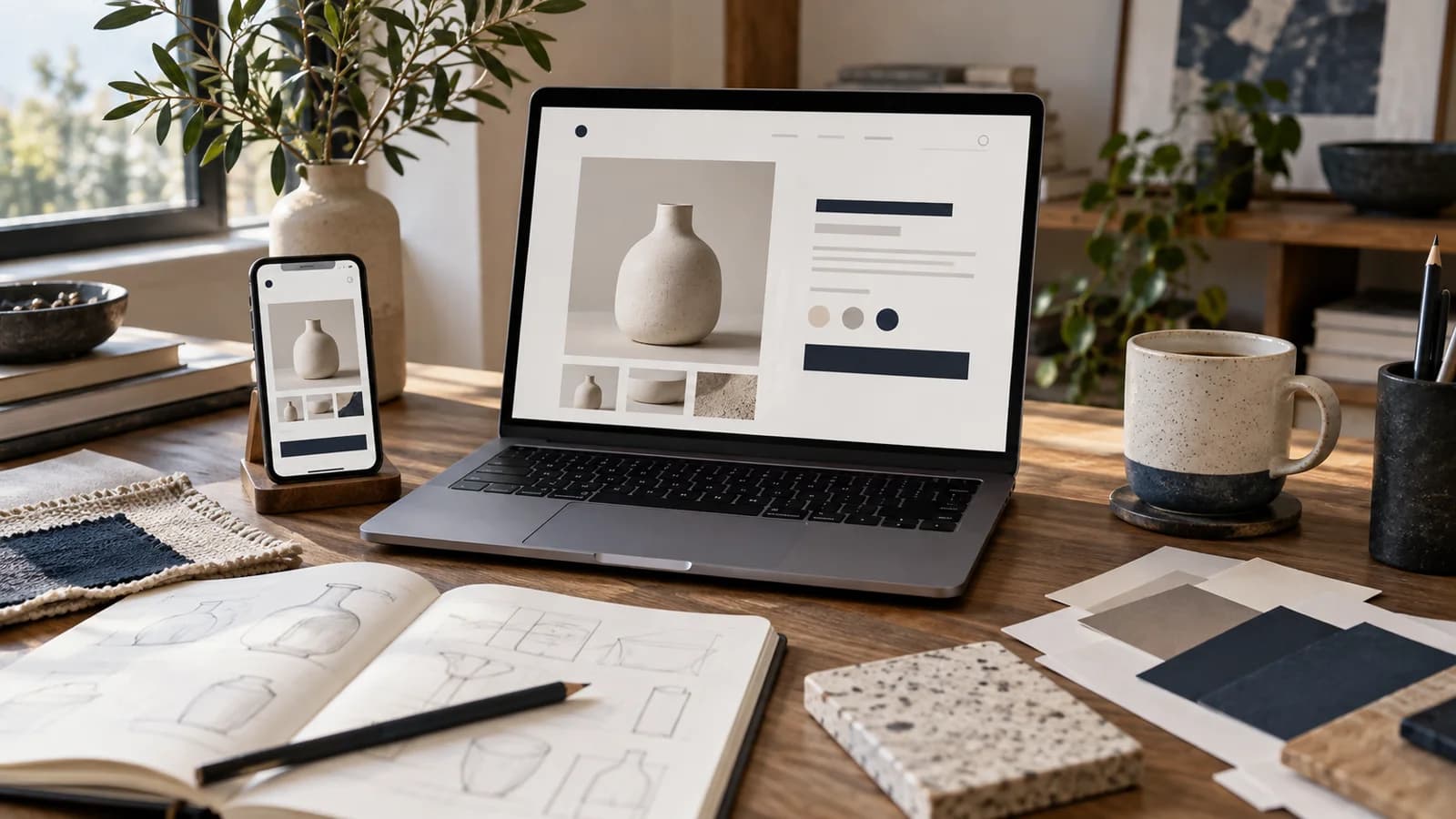 Laptop showing a clean store layout beside design notes and product samples