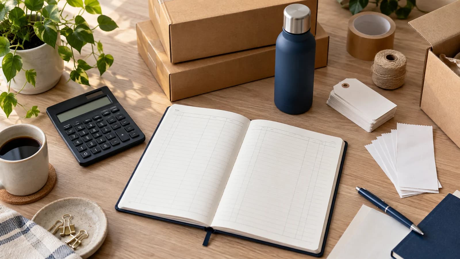 Calculator and blank ledger beside product packaging for planning ecommerce costs