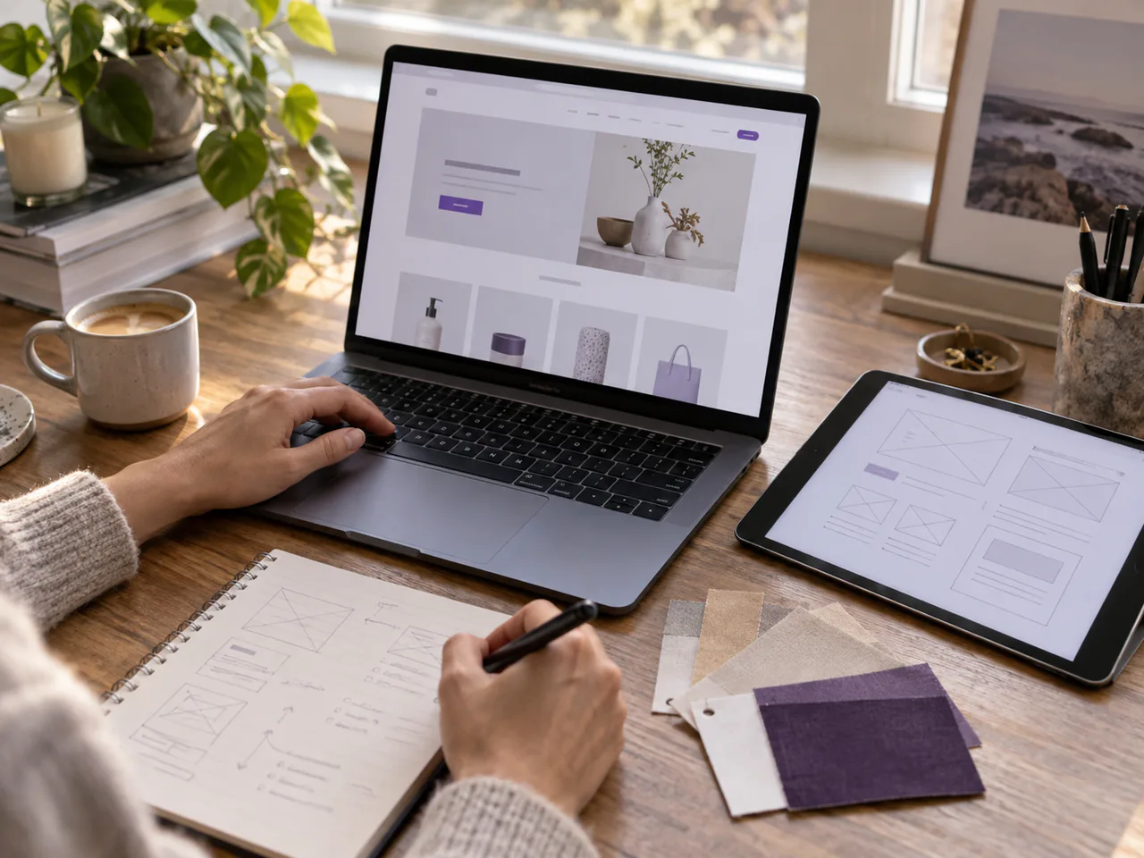 A hands-on ecommerce workspace with a store layout being reviewed on a laptop, tablet and notebook