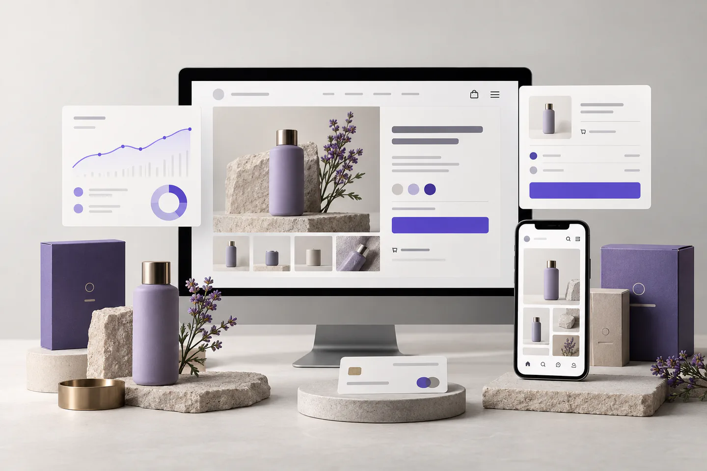A coordinated ecommerce system shown across desktop and mobile storefronts