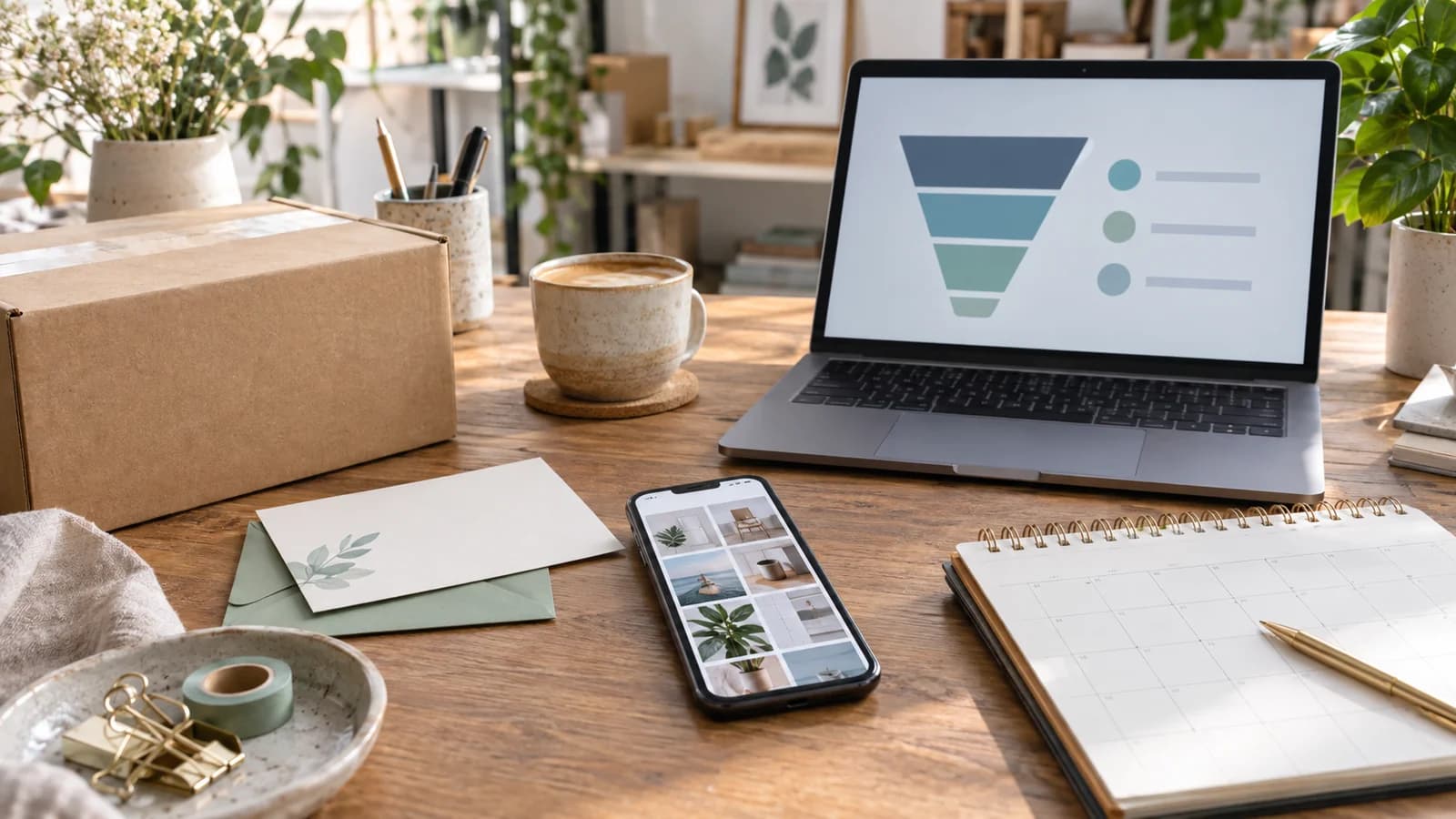 Marketing notes and a laptop arranged for a customer-acquisition plan