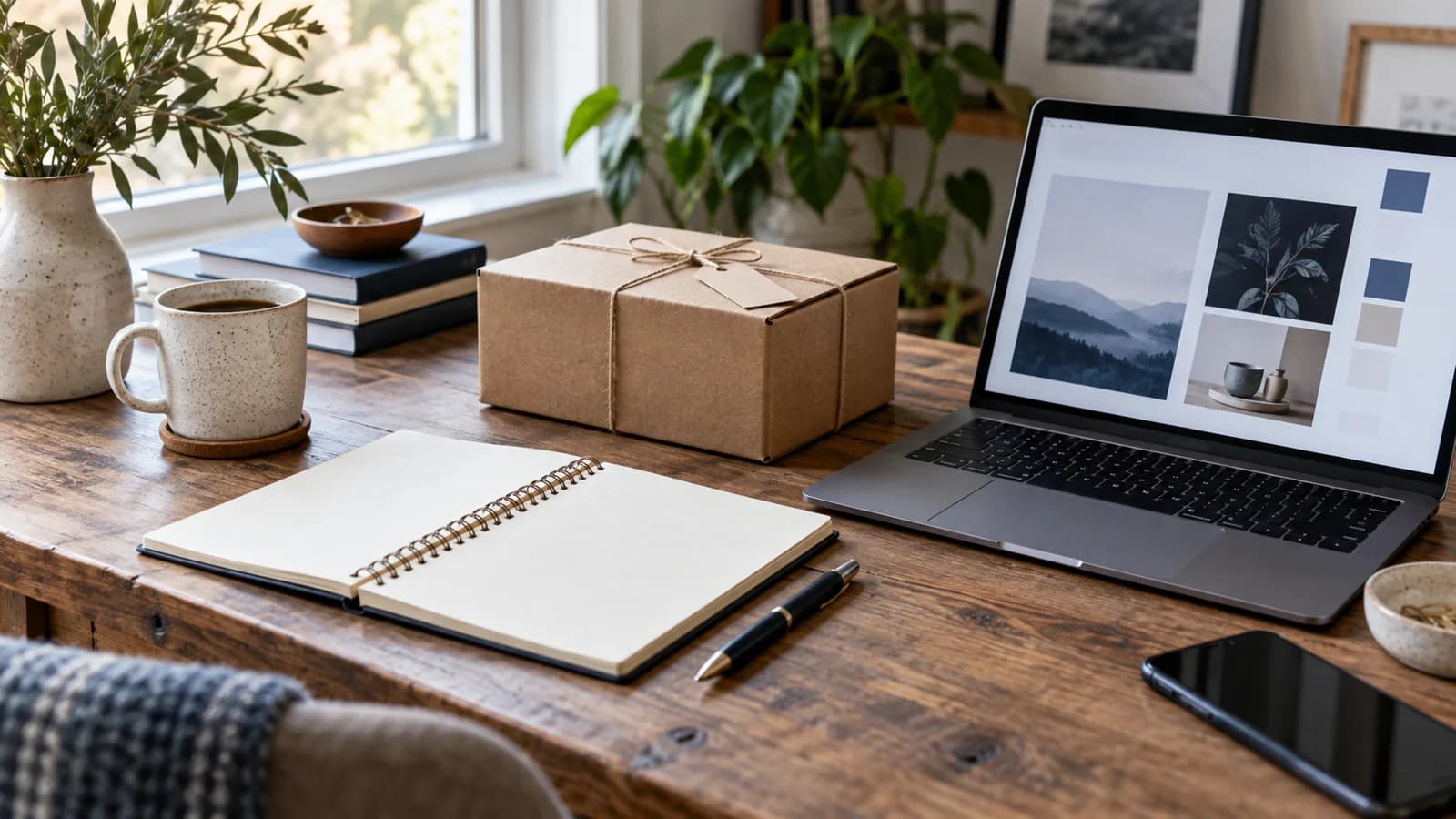 Notebook, laptop and shipping parcel representing different ways to earn side income